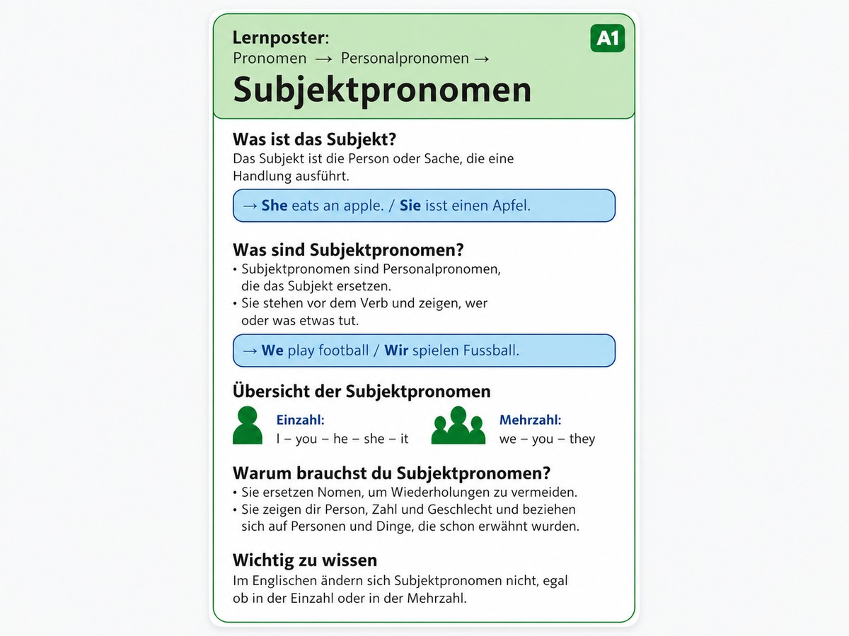 Beispiel eines learnAREAL-Lernposters zum Thema Subjektpronomen