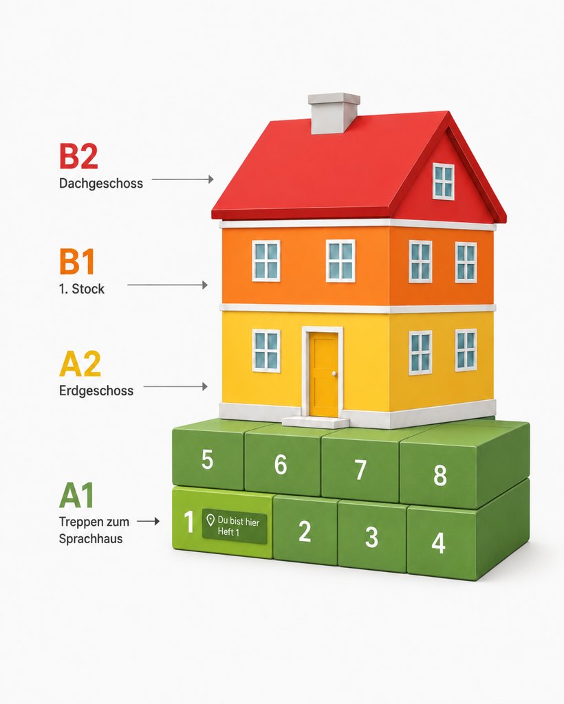 Das Sprachhaus: A1 bildet die Treppen mit den 8 Heften, darauf folgen A2 (Erdgeschoss), B1 (1. Stock) und B2 (Dachgeschoss).